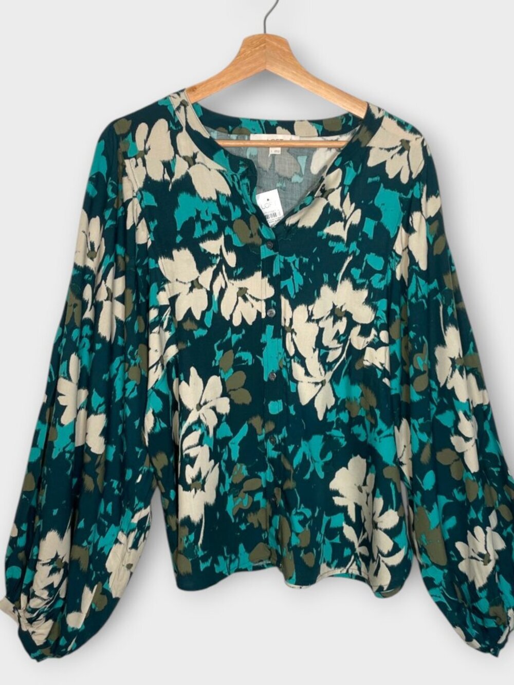LOFT Button Up Peasant Blouse L Balloon Sleeves Teal Green Floral Officecore NEW